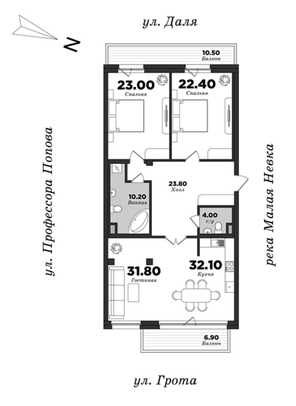 Дом на улице Грота, Корпус 1, 2 спальни, 129.75 м² | планировка элитных квартир Санкт-Петербурга | М16